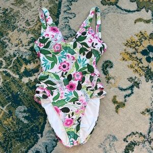 NEW $128 Becca size XS women one-piece swimsuit plunge high leg floral